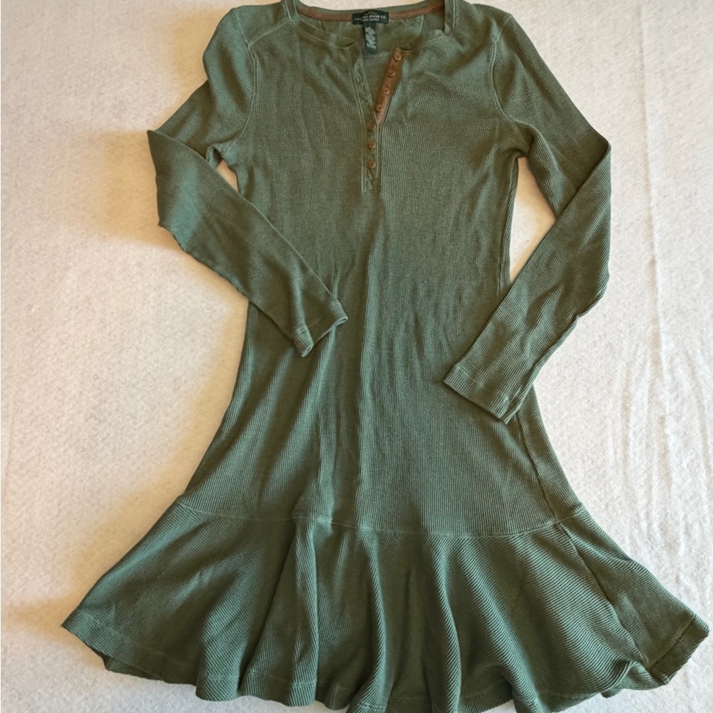 LRL Lauren Ralph Lauren Green Ribbed Henley Ruffle Hem Dress Size M